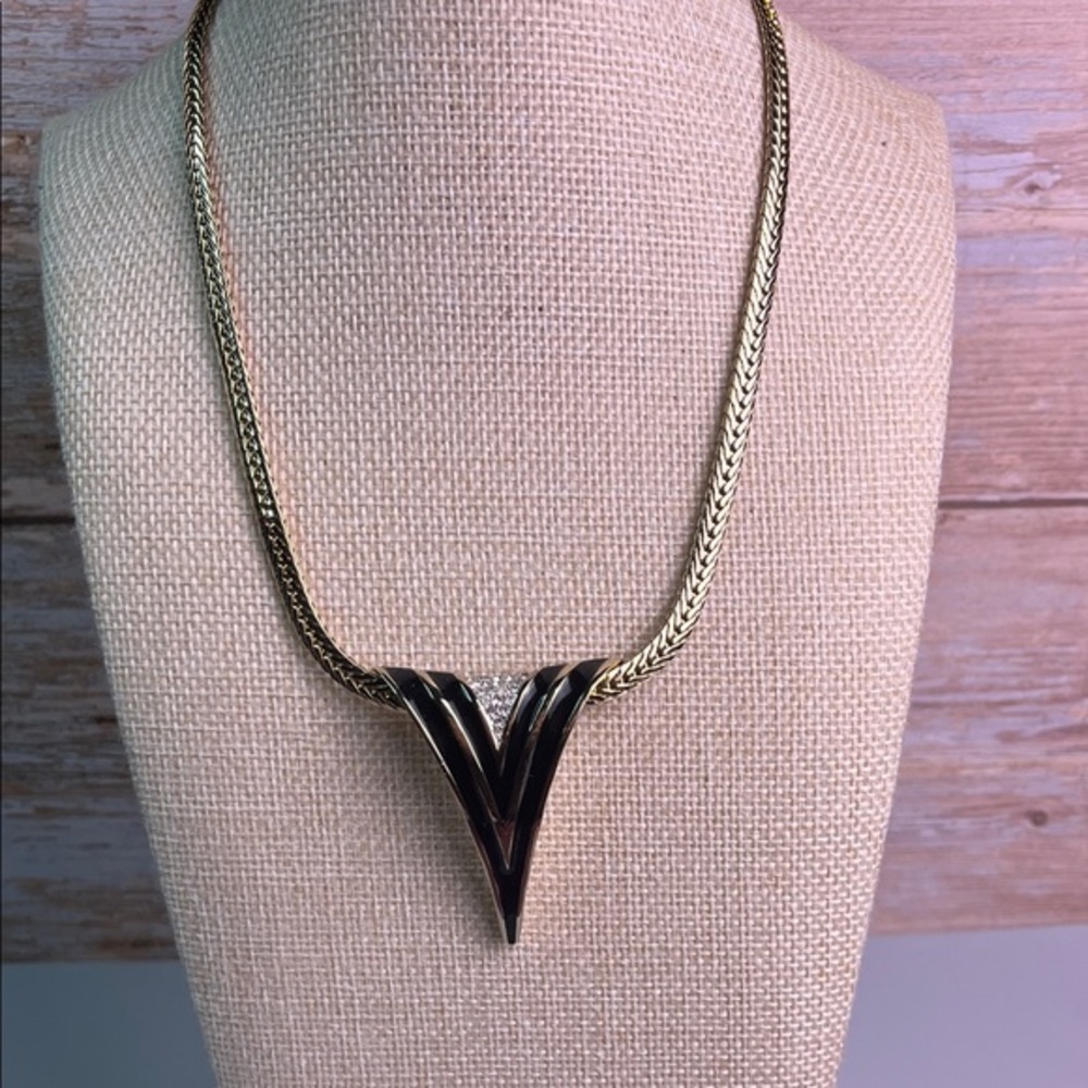 Vintage Panetta Gold and Black Onyx with rhinestones Pendant Necklace